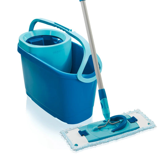 Blue cleaning bucket with mop and flat mop head on a white background