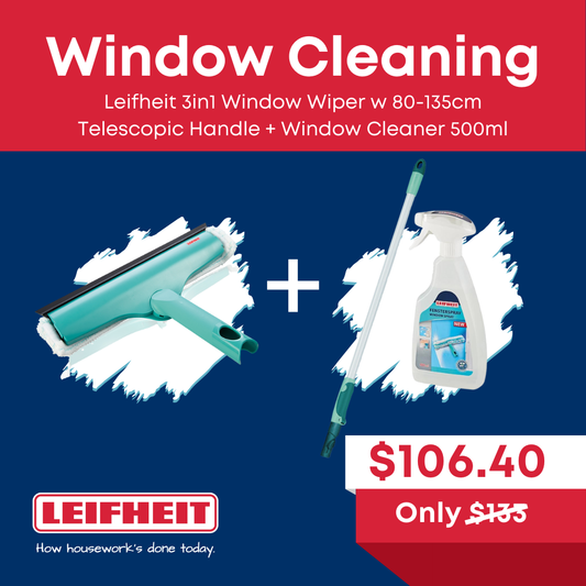 Leifheit 3in1 Window Wiper w 80-135cm Telescopic Handle + Window Cleaner 500ml