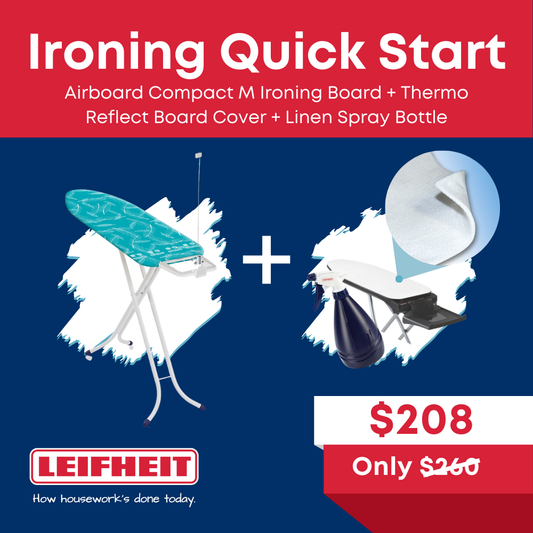 Leifheit Airboard Compact M Ironing Board + Thermo Reflect Board Cover + Linen Spray Bottle