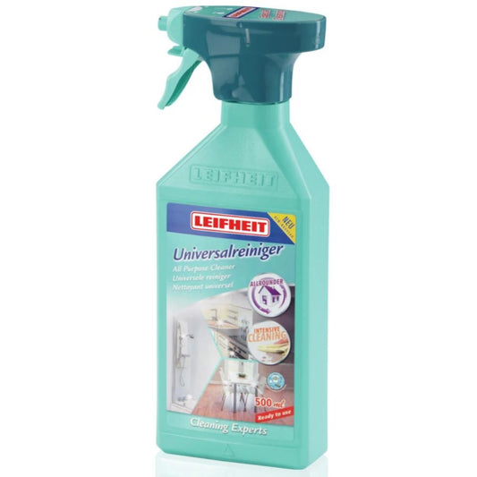 A green spray bottle labeled 'LEIFFEIT Universal-Reiniger' which is a cleaning agent for various surfaces.