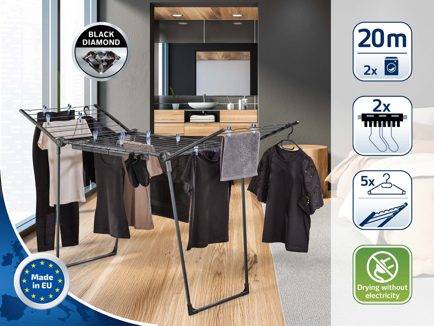 Leifheit Pegasus 200 Solid Slim Black Clothes Drying Rack L81695